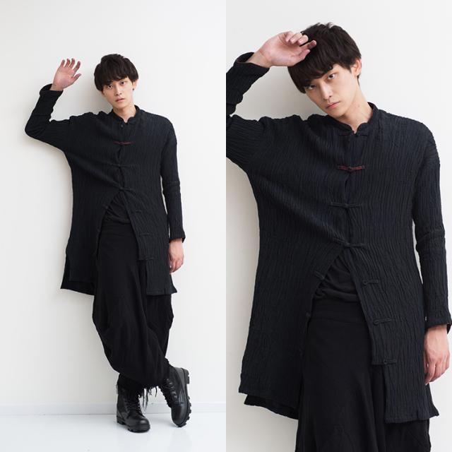 シャツ メンズ ロングシャツ しわ加工 中華風 トップス ロング丈 オーバーサイズ 長袖 ブラック モード系 Amor 艶黒の通販はau Pay マーケット Santasan