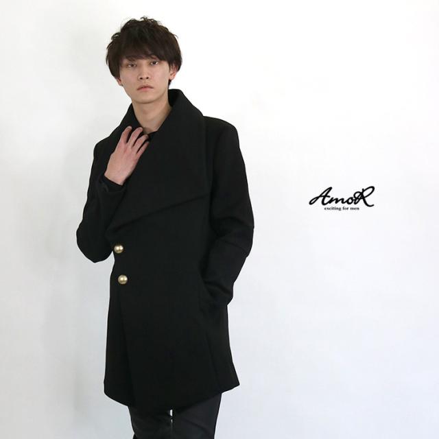 大きな襟 金ボタン 厚手 アウター メンズ ロング丈 黒 長袖 ブラック モード系 AmoR 艶黒の通販は