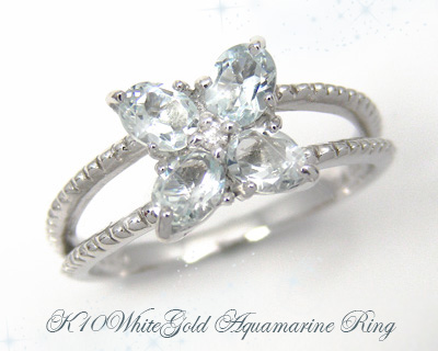 ◆美品◆ K10WG アクアマリン リング 指輪 フラワー 10-11号 アクアマリン リング フラワー K10WG