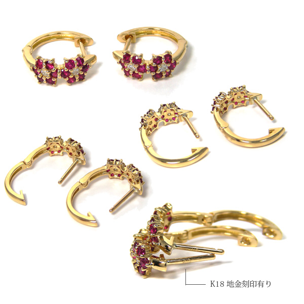 ルビー ダイヤモンド フラワーピアス 中折れ フープ スナップ 18金 18k 