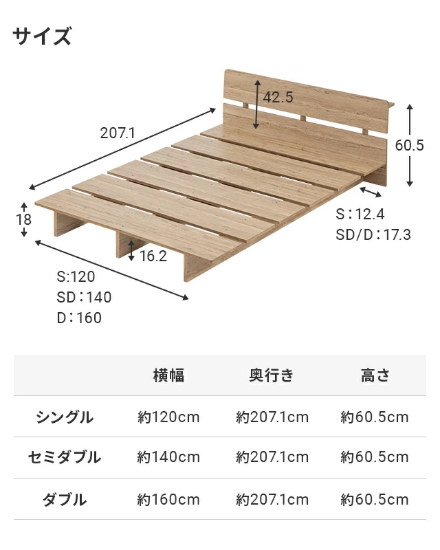 ベッド ローベッド セミダブル 幅140cm すのこベッド ステージベッド 宮棚付き コンセント付き フロアベッド すのこ ベッドフレーム ロータイプ セミダブルベッド SD 脚付き 一人暮らし 北欧 おしゃれ 木製 木目調_5