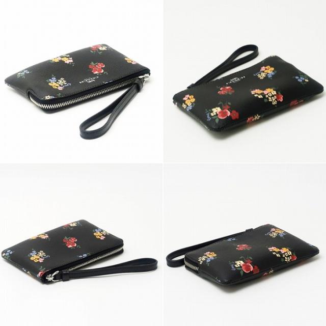 【未使用】coach 花柄ポーチ 黒色★ コーチ COACH ポーチ ハンドポーチ リストレット クラッチ 財布
