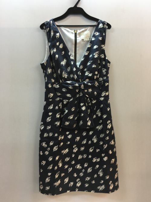【古着】kate spade ケイトスペード　シルク ワンピース　ネイビー　ホワイト　総柄　Vカット ウエストリボン ノースリーブ NJMU1549　レの通販は 4,706円