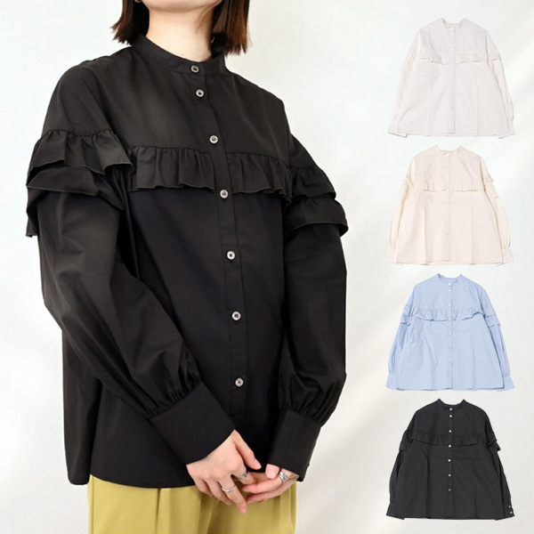 シャツ ブラウス 無地 長袖 コットン 綿100％ バンドカラー フリル トップス レディース ホワイト アイボリー サックス ブラック SALE セールの通販は