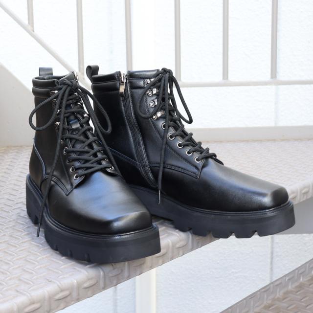 ブーツ レースアップブーツ メンズ スクエアトゥ 9ホール 編み上げ 厚底 タンクソール ショートブーツ 5cmヒール 25.0cm〜27.0cm 黒 ブラック Dedes デデス No.6320