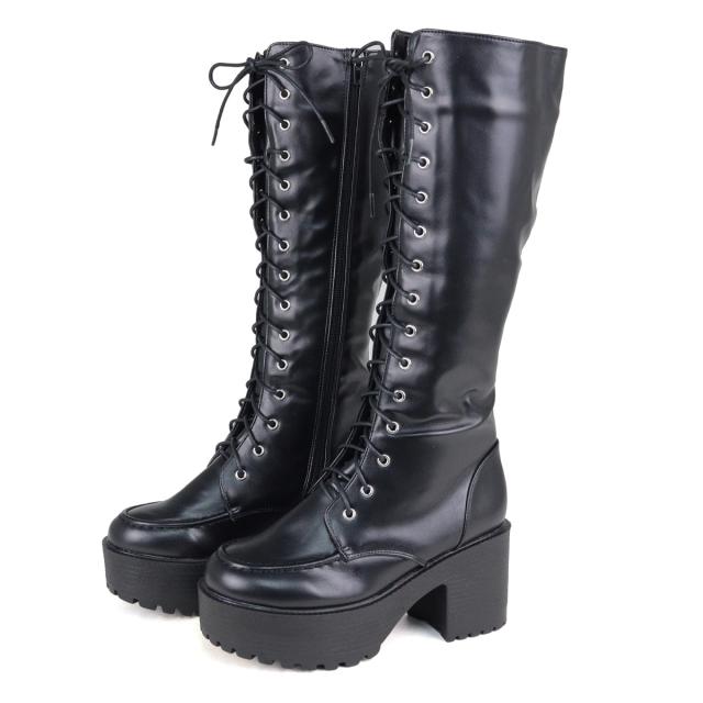 ロングブーツ レディース 厚底 美脚 8cmヒール Uチップ レースアップ サイドジップ 合皮 No.1616 22.5-24.5cm 黒 ラブハンター_11