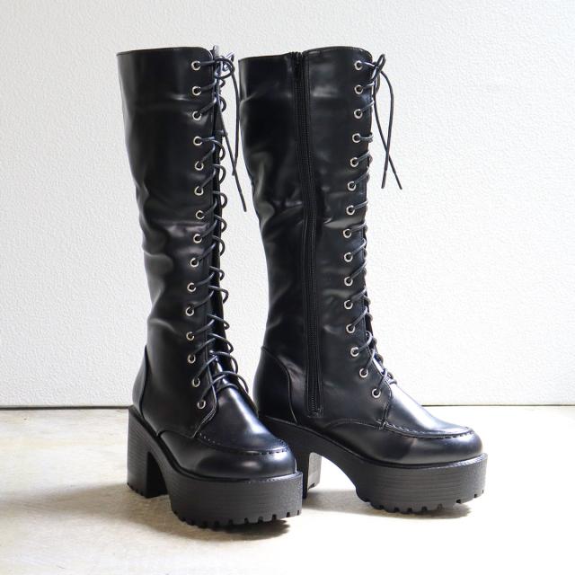 ロングブーツ レディース 厚底 美脚 8cmヒール Uチップ レースアップ
