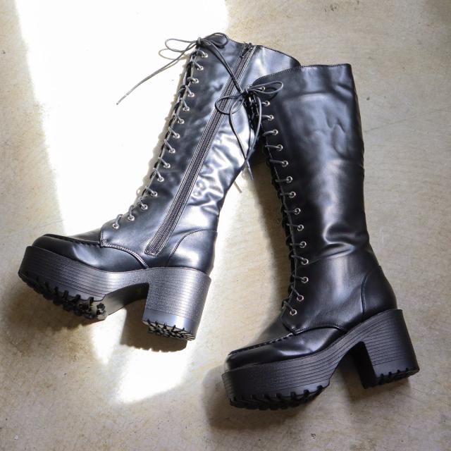 ロングブーツ レディース 厚底 美脚 8cmヒール Uチップ レースアップ サイドジップ 合皮 No.1616 22.5-24.5cm 黒 ラブハンター ロングブーツ レディース 厚底 美脚 8cmヒール Uチップ レースアップ