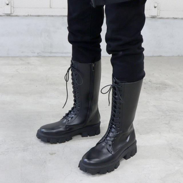 ブーツ メンズ ロング 黒 厚底 5cm レースアップ レザー 合成皮革