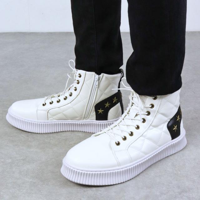 スニーカー メンズ ハイカット レースアップ サイドジップ 3E 履きやすい 歩きやすい 合成皮革 PUレザー カジュアル おしゃれ デザイン 星 スター 3cmヒール No.1889 25.0cm〜28.0cm 黒 ブラック 白 ホワイト LOVEHUNTER ラブハンター