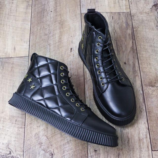 スニーカー メンズ ハイカット レースアップ サイドジップ 3E 履きやすい 歩きやすい 合成皮革 PUレザー カジュアル おしゃれ デザイン 星 スター 3cmヒール No.1889 25.0cm〜28.0cm 黒 ブラック 白 ホワイト LOVEHUNTER ラブハンター