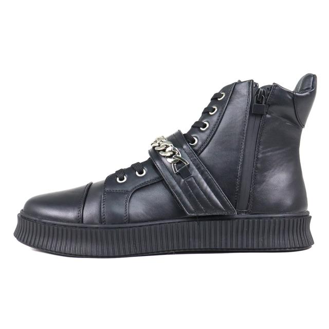 スニーカー メンズ ハイカット レースアップ 紐靴 サイドジップ 履きやすい 歩きやすい 合成皮革 PUレザー カジュアル おしゃれ デザイン チェーン 3.5cmヒール No.1890 25.0cm〜27.0cm 黒 ブラック 白 ホワイト LOVEHUNTER ラブハンター
