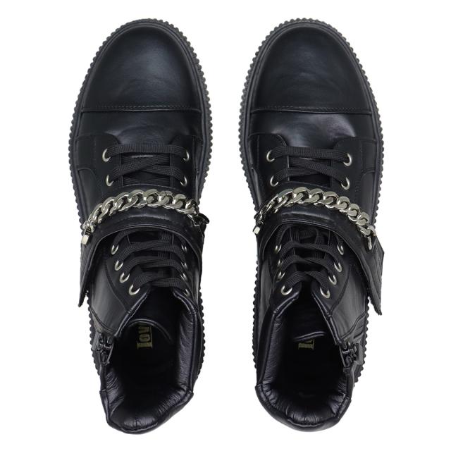 スニーカー メンズ ハイカット レースアップ 紐靴 サイドジップ 履きやすい 歩きやすい 合成皮革 PUレザー カジュアル おしゃれ デザイン チェーン 3.5cmヒール No.1890 25.0cm〜27.0cm 黒 ブラック 白 ホワイト LOVEHUNTER ラブハンター