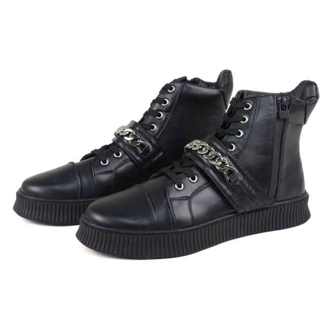スニーカー メンズ ハイカット レースアップ 紐靴 サイドジップ 履きやすい 歩きやすい 合成皮革 PUレザー カジュアル おしゃれ デザイン チェーン 3.5cmヒール No.1890 25.0cm〜27.0cm 黒 ブラック 白 ホワイト LOVEHUNTER ラブハンター