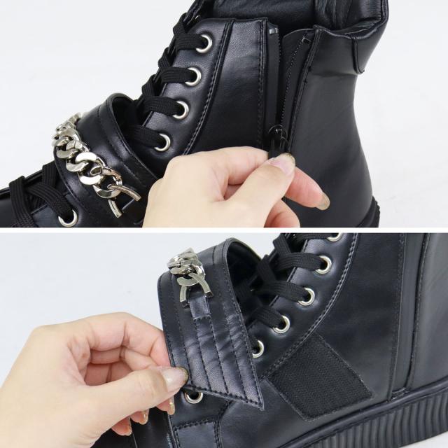 スニーカー メンズ ハイカット レースアップ 紐靴 サイドジップ 履きやすい 歩きやすい 合成皮革 PUレザー カジュアル おしゃれ デザイン チェーン 3.5cmヒール No.1890 25.0cm〜27.0cm 黒 ブラック 白 ホワイト LOVEHUNTER ラブハンター