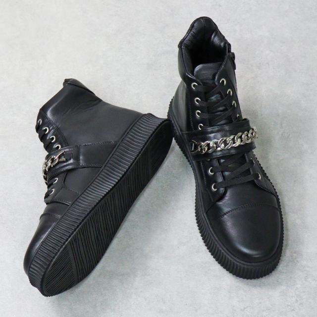 スニーカー メンズ ハイカット レースアップ 紐靴 サイドジップ 履きやすい 歩きやすい 合成皮革 PUレザー カジュアル おしゃれ デザイン チェーン 3.5cmヒール No.1890 25.0cm〜27.0cm 黒 ブラック 白 ホワイト LOVEHUNTER ラブハンター