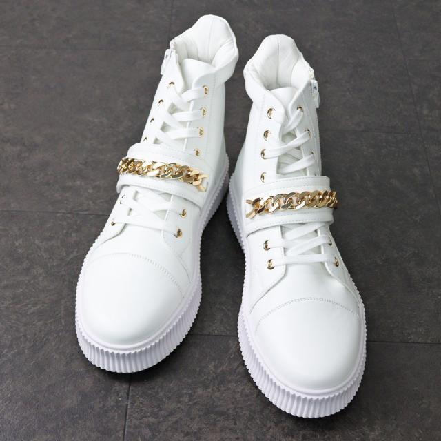 スニーカー メンズ ハイカット レースアップ 紐靴 サイドジップ 履きやすい 歩きやすい 合成皮革 PUレザー カジュアル おしゃれ デザイン チェーン 3.5cmヒール No.1890 25.0cm〜27.0cm 黒 ブラック 白 ホワイト LOVEHUNTER ラブハンター