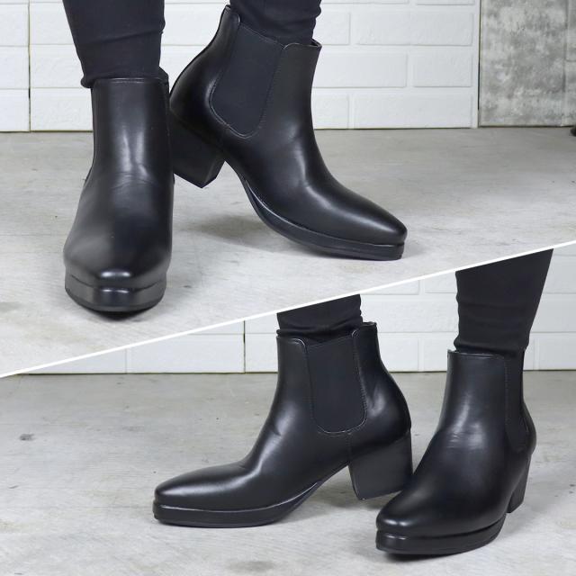 ブーツ メンズ サイドゴア 黒 ヒール 6.5cm レザー 合成皮革 プレーントゥ No.6833 ブラック ラブハンター おしゃれ 冬