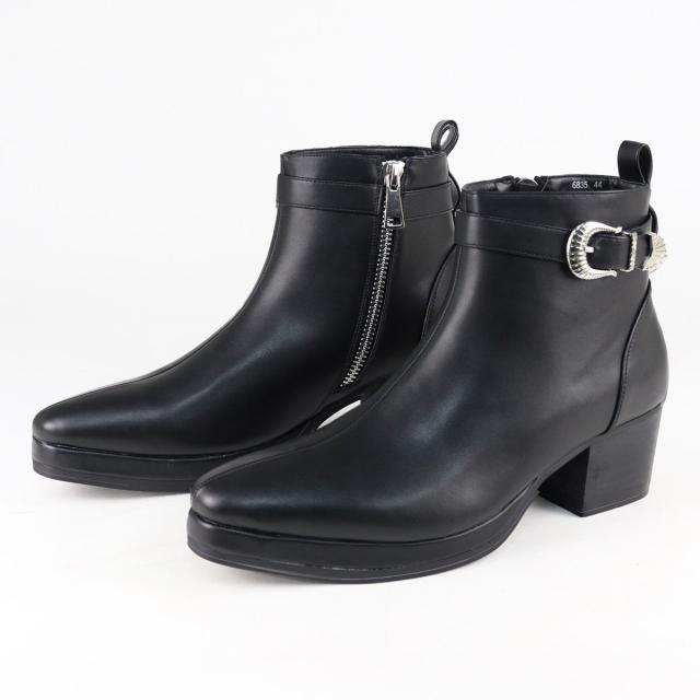 ブーツ メンズ ヒール 6.5cm ウエスタン ベルト サイドジップ レザー 合成皮革 プレーントゥ No.6835 ラブハンター 冬