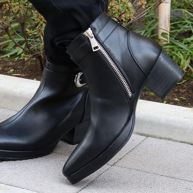 ブーツ メンズ ヒール 6.5cm ウエスタン ベルト サイドジップ レザー 合成皮革 プレーントゥ No.6835 ラブハンター 冬