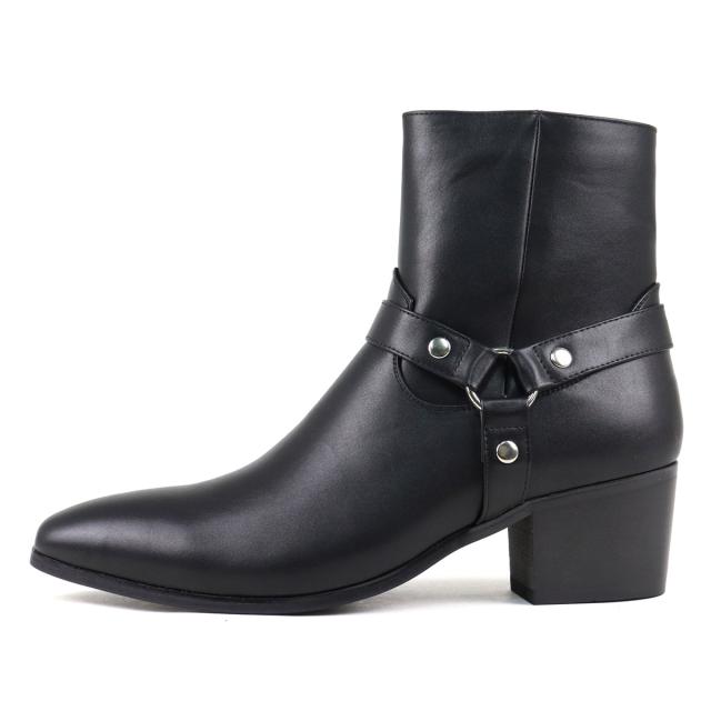 ブーツ メンズ ショート丈 サイドジップ 6cmヒール 太ヒール 安定感 スタイルアップ 合成皮革 レザー ベルト No.6836 25.0cm〜27.0cm 黒 ブラック LOVEHUNTER ラブハンター