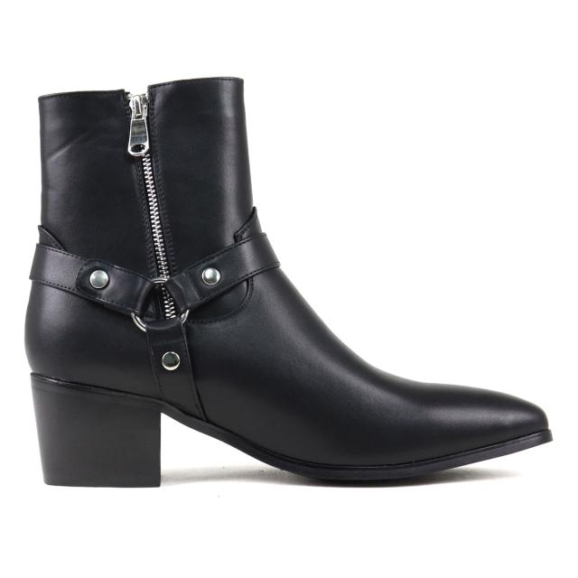 ブーツ メンズ ショート丈 サイドジップ 6cmヒール 太ヒール 安定感 スタイルアップ 合成皮革 レザー ベルト No.6836 25.0cm〜27.0cm 黒 ブラック LOVEHUNTER ラブハンター