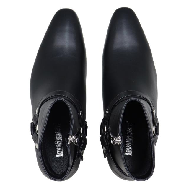 ブーツ メンズ ショート丈 サイドジップ 6cmヒール 太ヒール 安定感 スタイルアップ 合成皮革 レザー ベルト No.6836 25.0cm〜27.0cm 黒 ブラック LOVEHUNTER ラブハンター