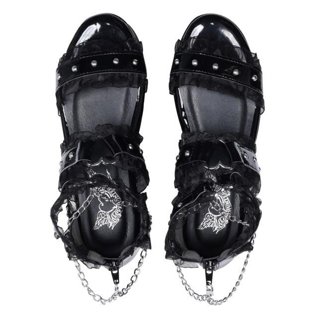 サンダル レディース フリル レース チェーン ハート バックジップ