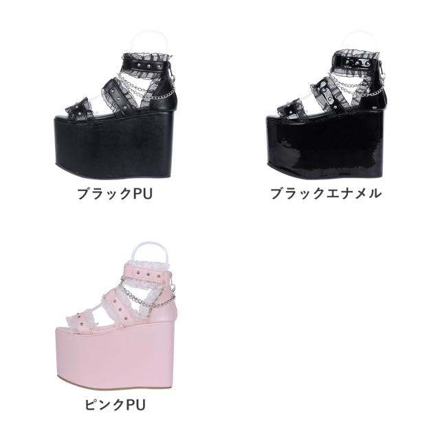 サンダル レディース フリル レース チェーン ハート バックジップ