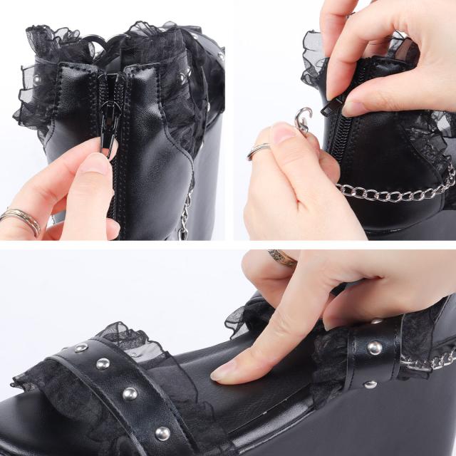 サンダル レディース フリル レース チェーン ハート バックジップ