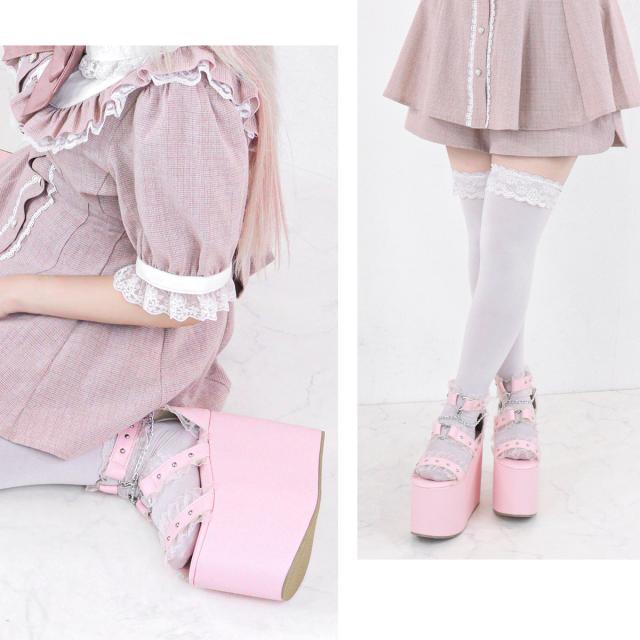 サンダル レディース フリル レース チェーン ハート バックジップ 厚底 13cmヒール レザー 合成皮革 エナメル 地雷系 地雷 量産型 参戦服 闇属性 No.1633 22.5-24.5cm 黒 ブラック ピンク LOVEHUNTER ラブハンター サンダル レディース フリル レース チェーン ハート バックジップ