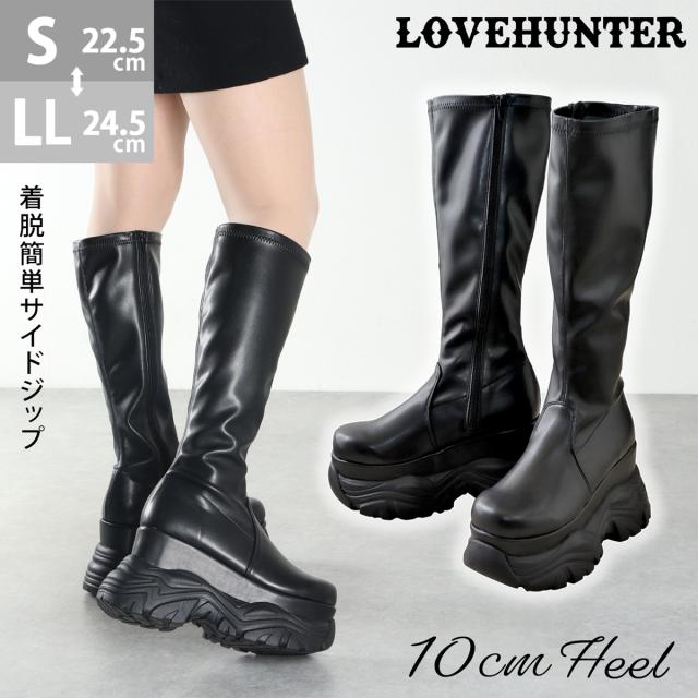 ロングブーツ レディース 2層厚底 スニーカーソール 美脚 10cmヒール ストレッチ サイドジップ 合皮 No.1660 22.5-24.5cm 黒 ラブハンター