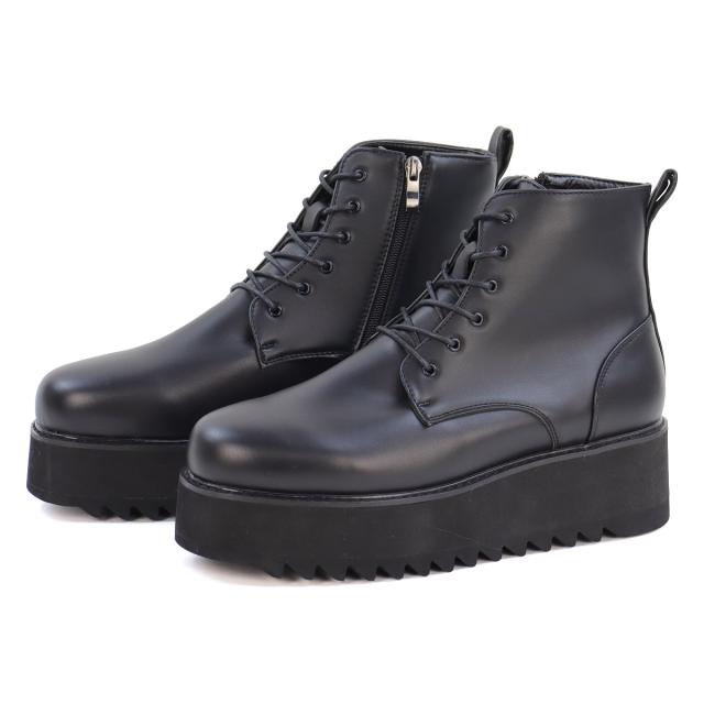 レースアップブーツ メンズ ショート 紐靴 厚底 6cmヒール 防滑 軽量 シャークソール ラウンドトゥ サイドジップ 合皮 No.1739 25cm-27cm 黒 ラブハンター レースアップブーツ メンズ ショート 紐靴 厚底 6cmヒール 防滑 軽量