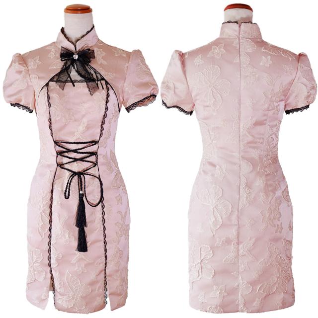 チャイナドレス ミニドレス バタフライ刺繍 谷間魅せ リボン付き