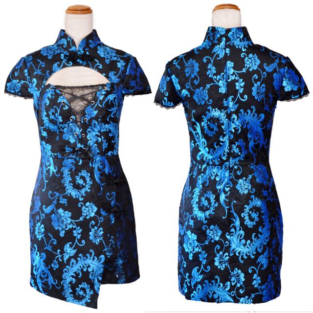 ペイズリー刺繍プリント チャイナドレス ミニ丈 デコルテカット 谷間