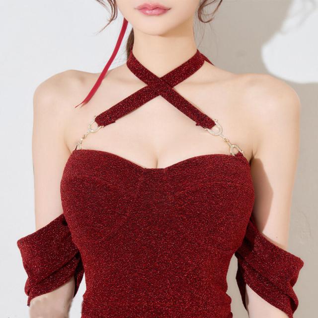 ドレス 結婚式 パーティードレス キャバドレス ラメ素材 ネッククロス