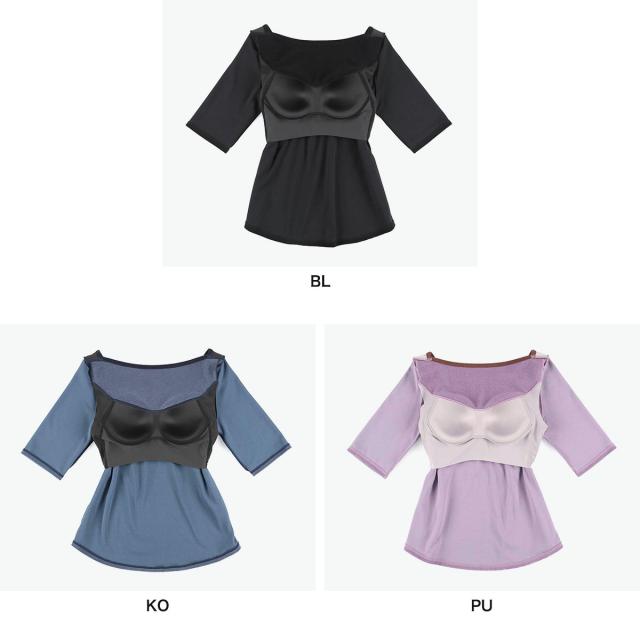 【5％OFFクーポン】【商品レビューで＋5％】アワワコール Tシャツ レディース OUR WACOAL カップ付き アウター トップス ボートネック 5分袖 パイル地 アンダーゴムなし パット JCX451_6