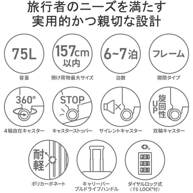 【商品レビューで＋5％】ワールドトラベラー スーツケース World Traveler サグレス 2 Mサイズ 大容量 75L 6泊 7泊 1週間 TSA 05113_3