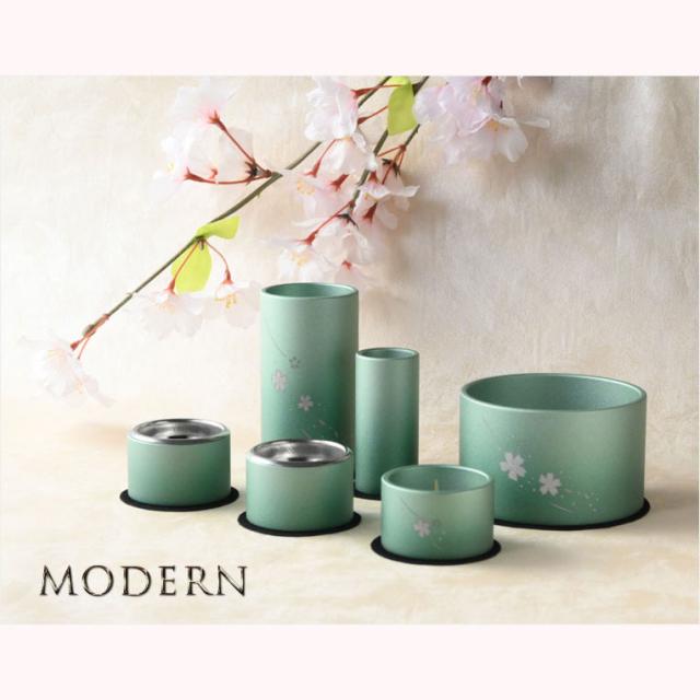 仏具【風桜彫金入り　アルミ製・シンプルモダン仏具6点セット　春麗（しゅんれい）グリーンぼかし】仏壇用仏具 送料無料