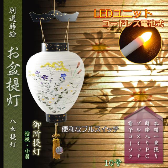お盆提灯・仏縁堂セレクト【八女提灯：蒔絵入り御所提灯10号　桔梗に秋草　LED電球（電池式）本絹一重】吊り提灯　御所提灯　ちょうちん　色柄提灯　プルスイッチ　LED灯 壺型