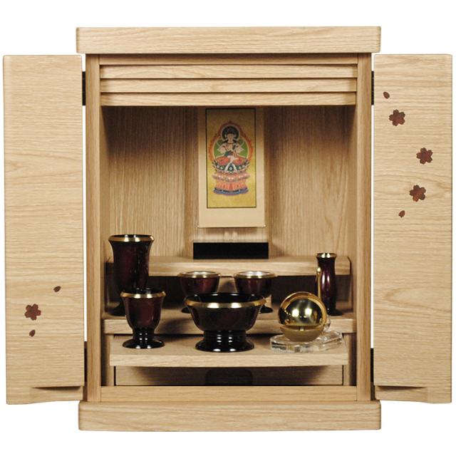 仏具付き・ミニモダン仏壇【桜都（おと）桜柄木象嵌 15号　オーク色】 小型仏壇　家具調仏壇　送料無料
