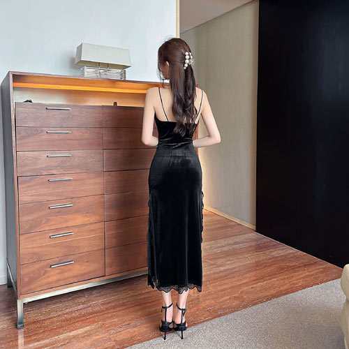 ベロア素材 レース切り替え装飾セクシースリットロングドレス