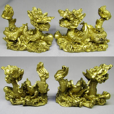 金色 樹脂龍置物小 ペアセット T-8018｜双龍,対龍,ドラゴン,辰年