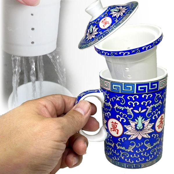 景徳鎮 茶漉し付きマグカップ 萬壽 ｜食器,中国,茶器,テーブルウェア