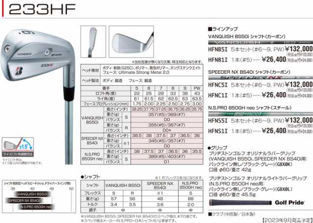 特注カスタムクラブ ブリヂストンゴルフ 233HF アイアン 単品[＃5、＃6、＃7、＃8、＃9、PW] N.S.PRO 850GH neo シャフトの通販はau  PAY マーケット - ゴルフプラザ グリーンフィル | au PAY マーケット－通販サイト