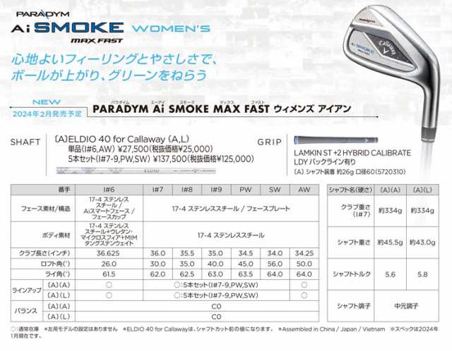 キャロウェイ PARADYM Ai SMOKE MAX FAST ウィメンズ アイアン 三菱 ELDIO 40 for Callaway シャフト  5本セット[＃7-PW、SW]｜au PAY マーケット