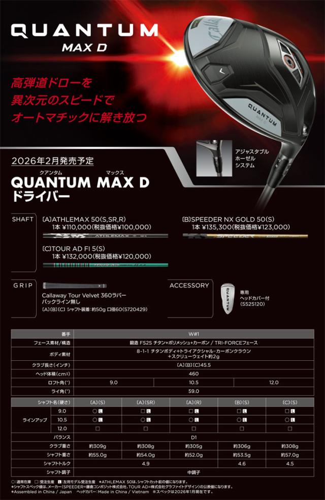 特注カスタムクラブ キャロウェイ QUANTUM MAX D ドライバー ウィメンズ仕様 三菱 TENSEI PRO BLACK 1K CORE シャフト