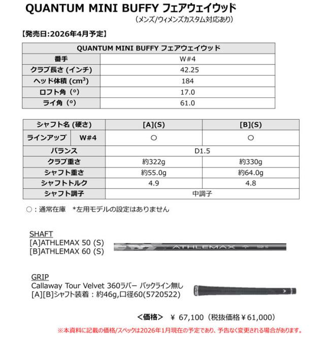 特注カスタムクラブ キャロウェイ QUANTUM MINI BUFFY フェアウェイウッド 三菱 TENSEI PRO BLACK 1K CORE シャフト_4