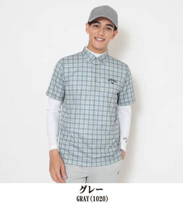 キャロウェイ 裏起毛 チェックプリントポロシャツ（WHT／L） キャロウェイ チェックプリント 半袖ポロシャツ + ハイネック 長袖