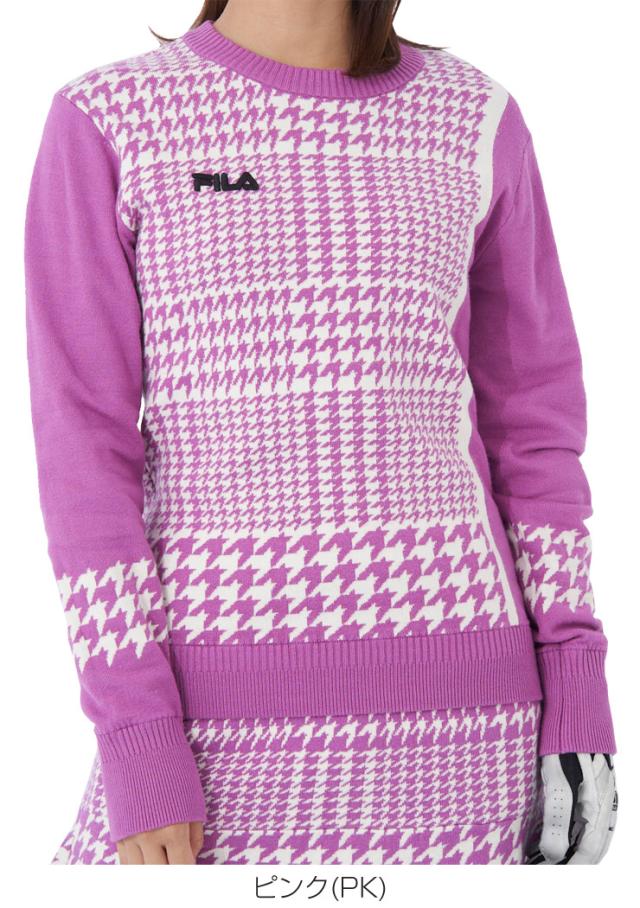 フィラゴルフ レディース ゴルフウェア 総柄パネル クルーネック セーター 793-781 2023年秋冬モデル M-LL フィラゴルフ レディース ゴルフウェア 総柄パネル クルーネック